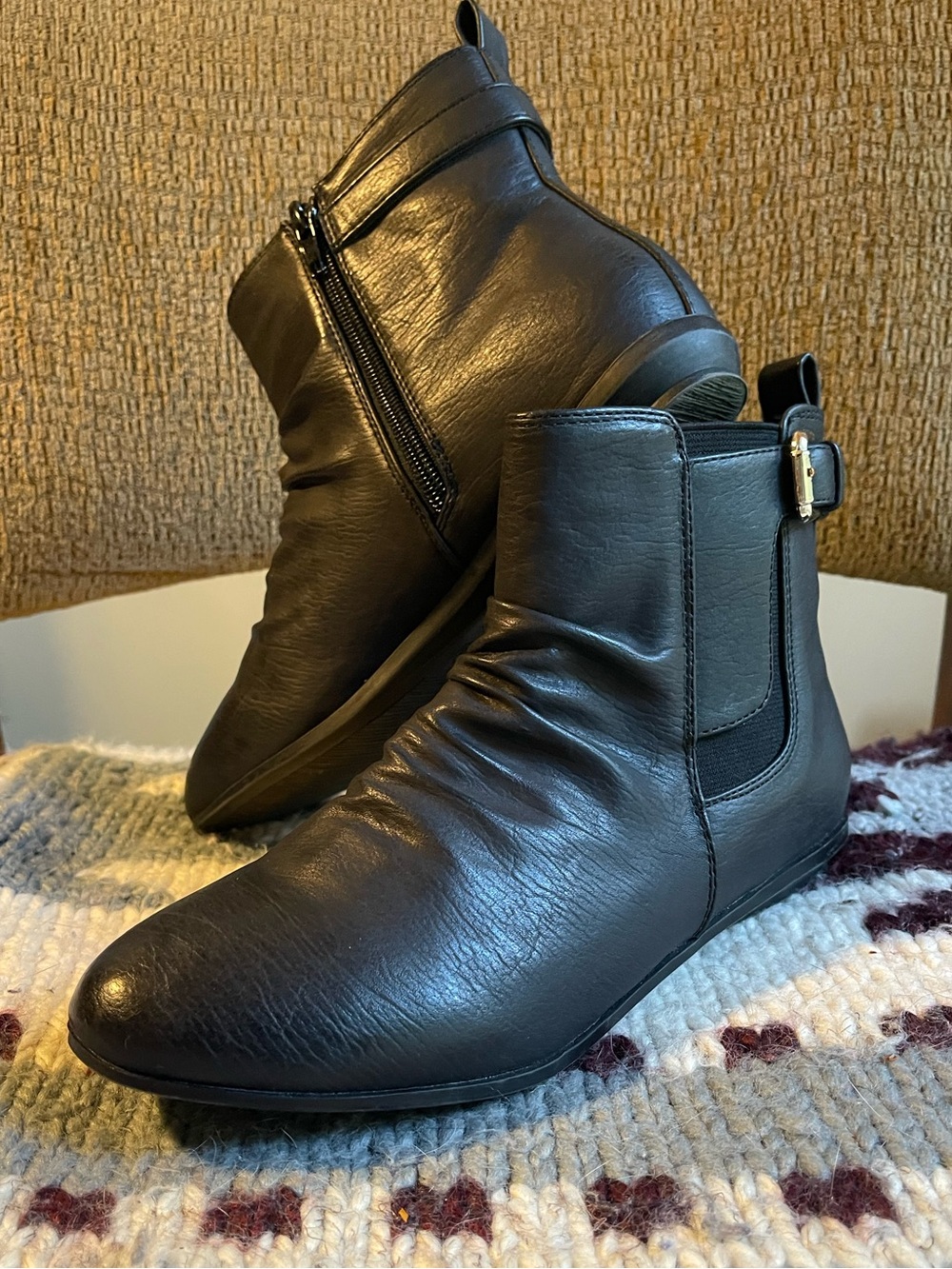 Call It Spring Ankle Boots Ruched Buckle Side Zip Flat Booties Black 6.5